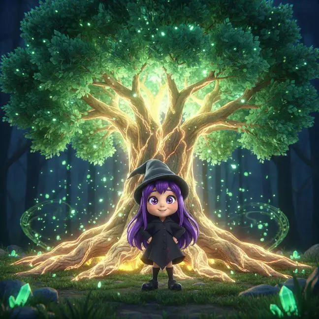 Púrpura de pie ante un árbol enorme con las raíces encendidas de luz dorada y las hojas verdes recuperadas, en un bosque oscuro