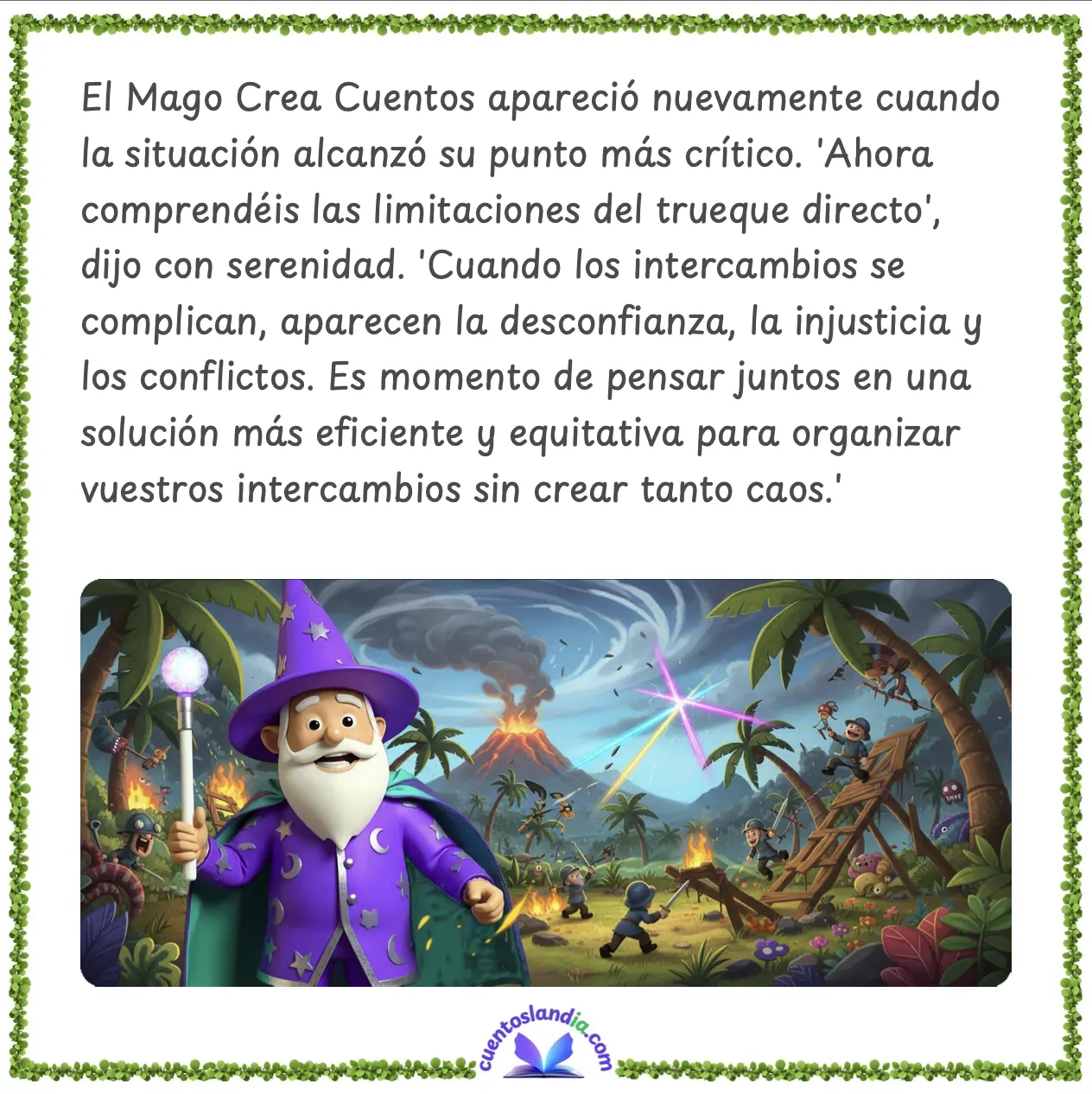 Escena del cuento personalizado de economía mostrando el caos del trueque directo en la isla - libro educativo para niños