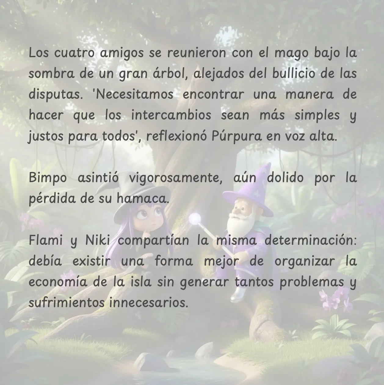 Escena del cuento personalizado de economía donde los personajes buscan juntos una solución más justa al trueque