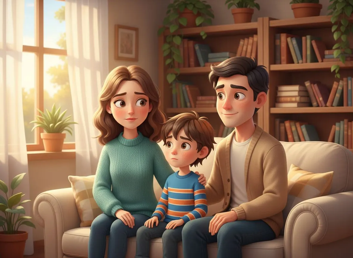 Padres explicando el divorcio a su hijo en una conversación tranquila