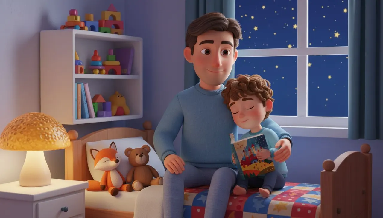 Padre leyendo un cuento personalizado con su hijo en la cama por la noche