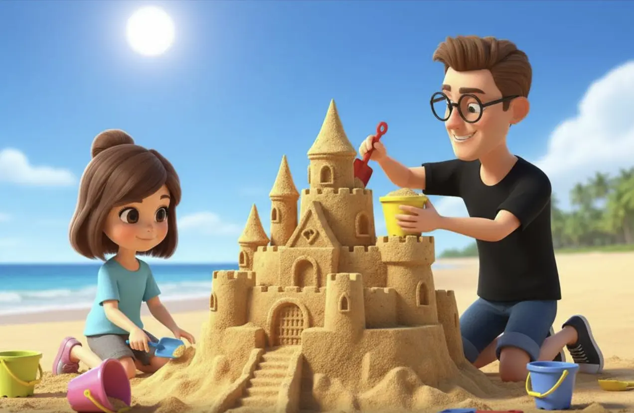 Ilustración IA de una hija jugando con su padre en la playa - momento perfecto para un cuento personalizado del Día del Padre
