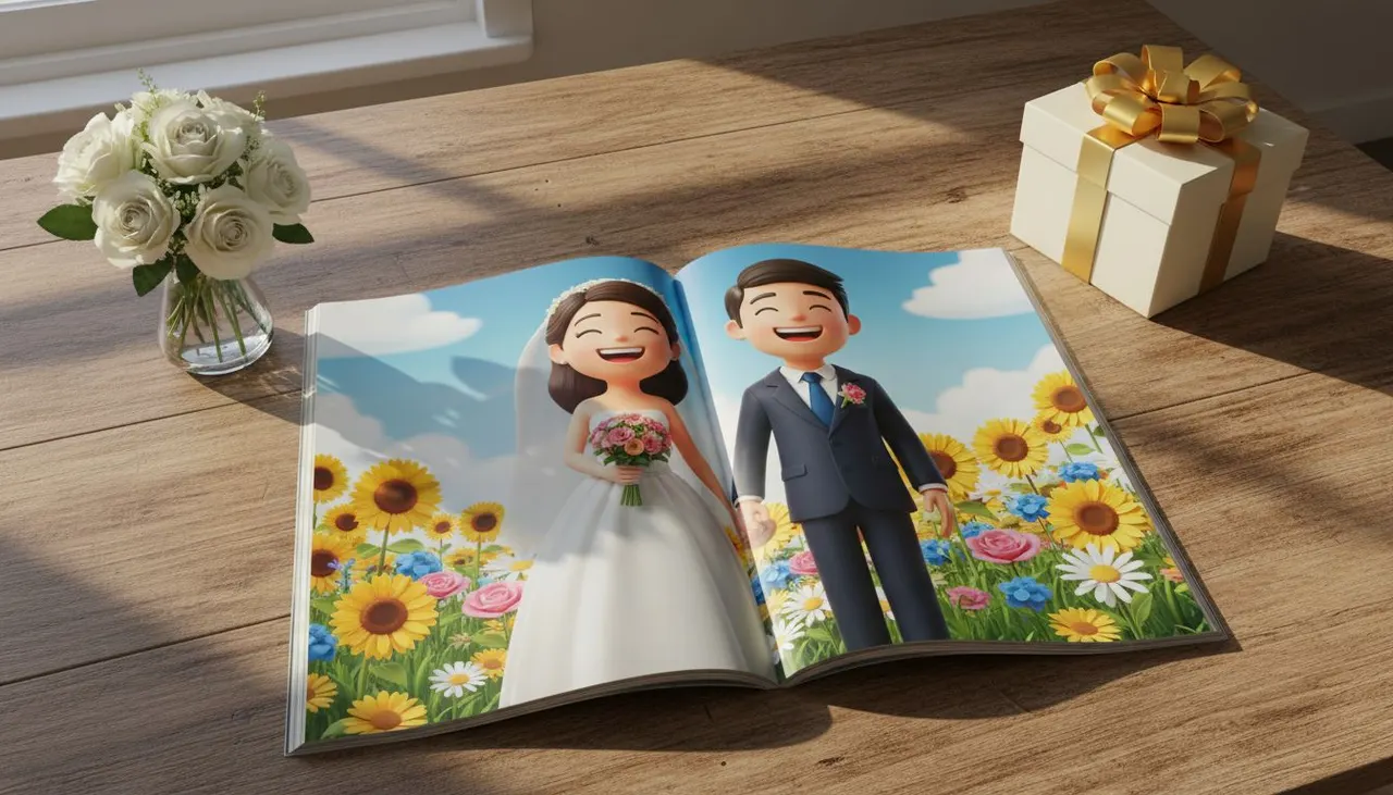 Cuento personalizado de boda como regalo único para los novios, con los recién casados como protagonistas